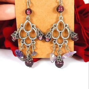 Vintage Handmade Amethyst Stone & Murano Glass Beaded Chandelier Earrings